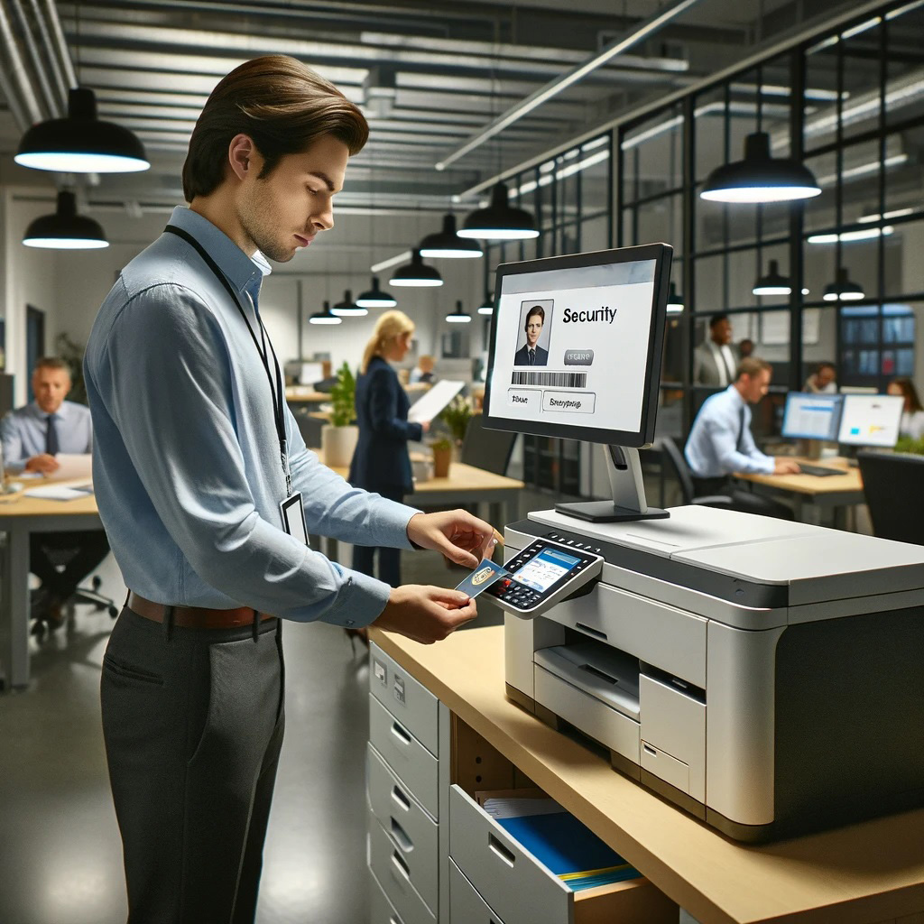 person scanning a security badge at a printer.