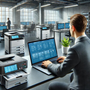 IT professional monitoring multiple printers